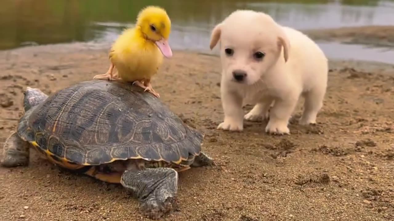 duck dog and turtle playing together