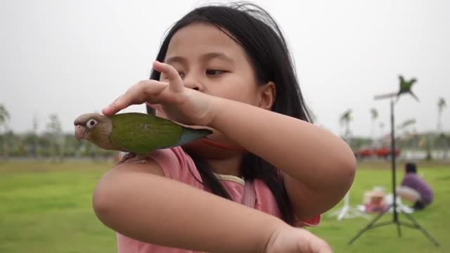 A Girl Holding A Parrot