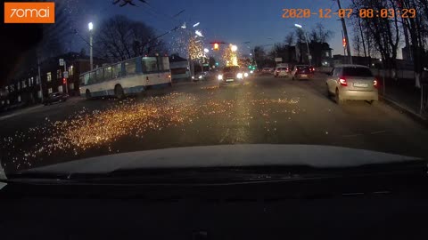 Trolleybus Tears Down Overhead Wires