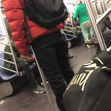 Guy dressed up like elf strums ukulele on subway