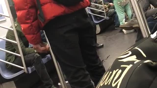 Guy dressed up like elf strums ukulele on subway