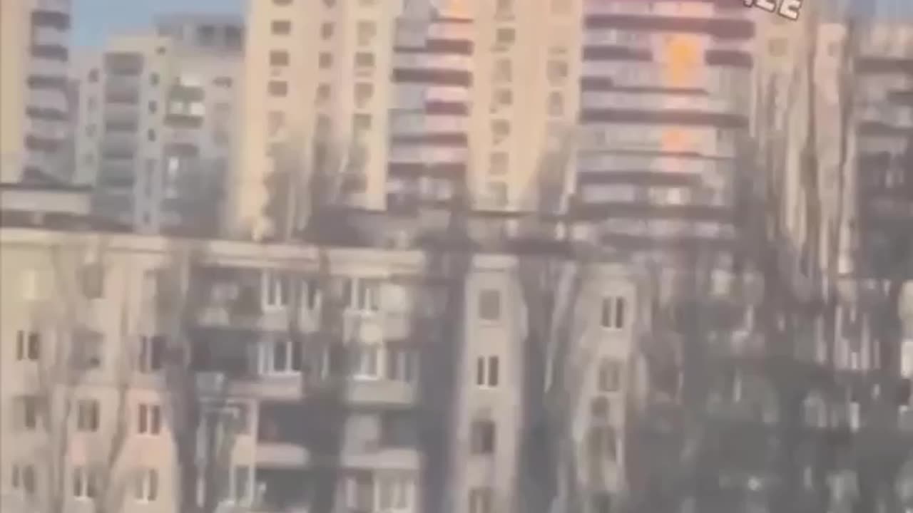 Kiev - the arrival of a burning object on a high-rise building.