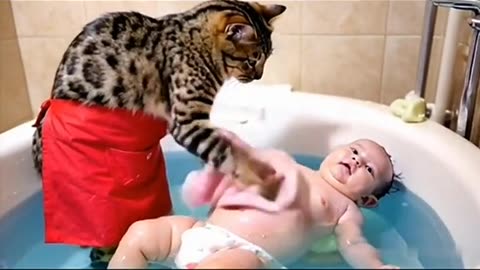 cat bathing a baby