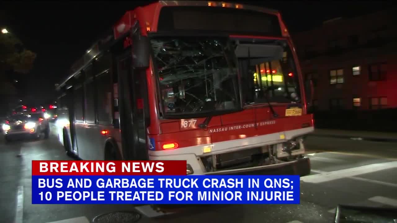10 hurt after bus collides with garbage truck in Queens