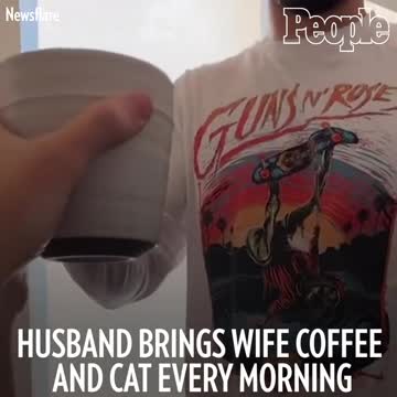 Husband Brings Wife Coffee And Cat Every Morning