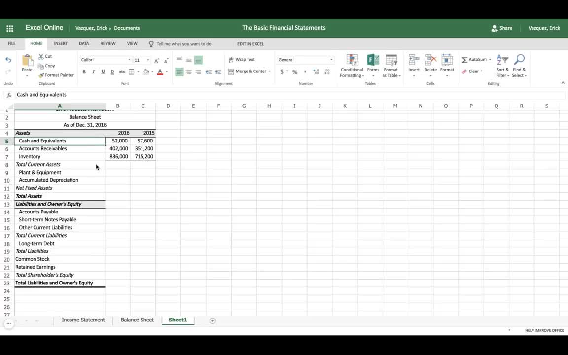 Excel Tutorial How to Make a Balance Sheet