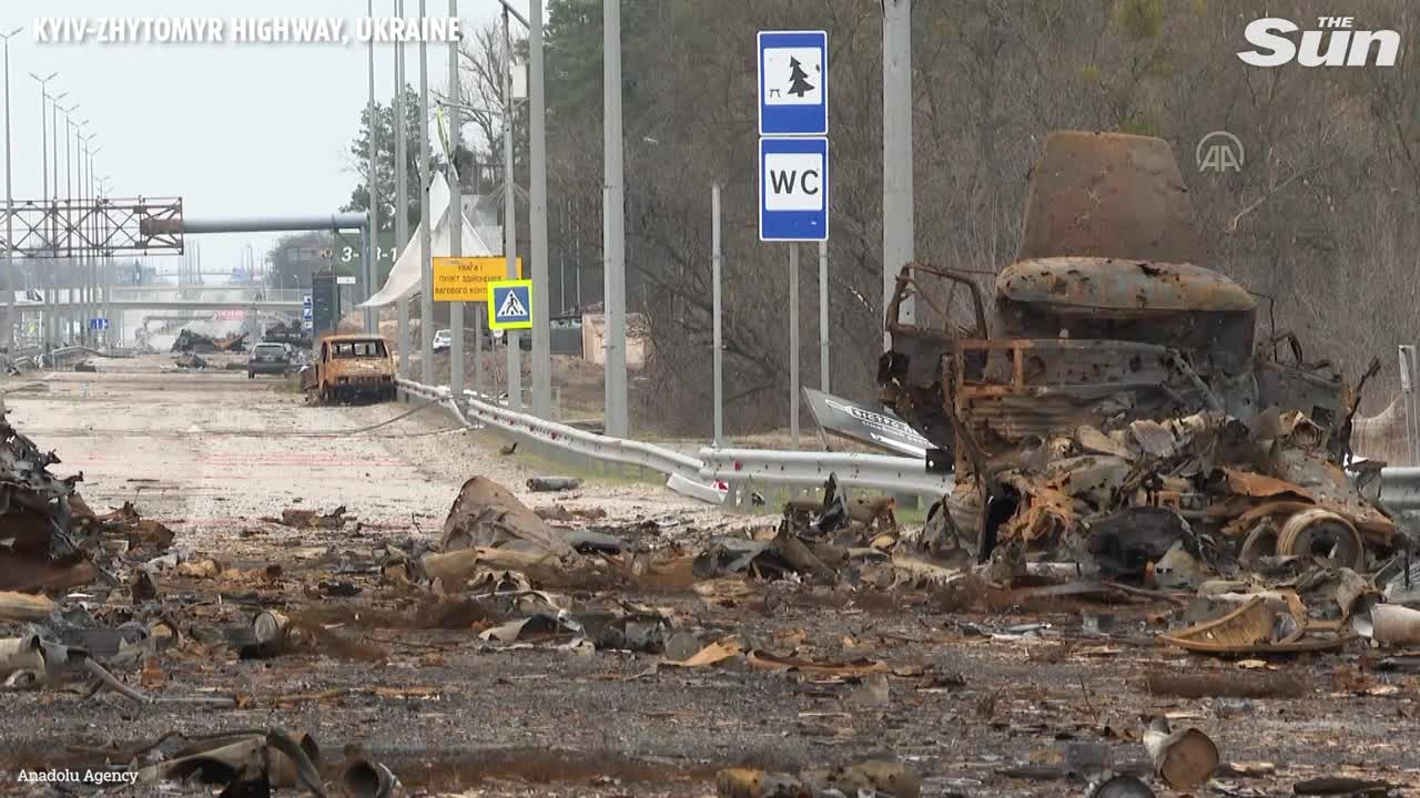 Ukraine- Russia forces battle on the Kyiv-Zhytomyr highway turns road into vehicle graveyard