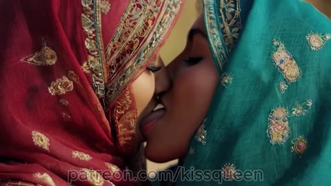 Beautiful and Exotic Muslim Women Kissing in Hijabs