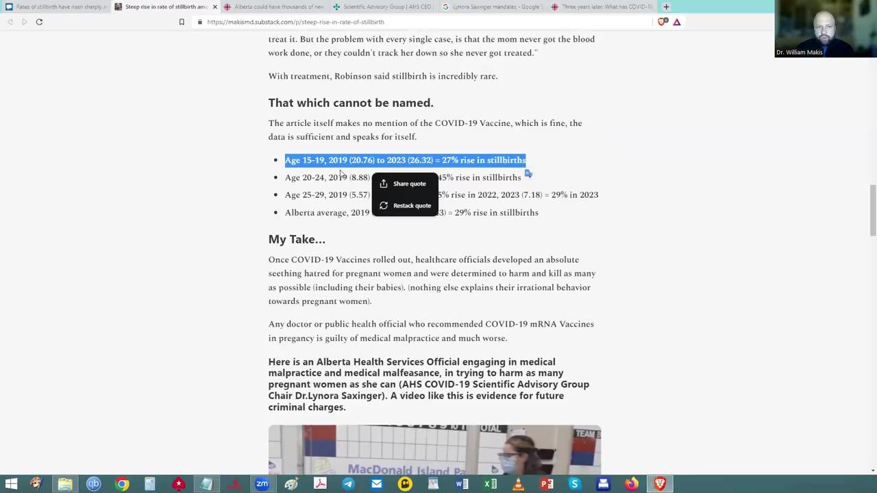 Dr.William Makis新的PODCAST“馬基斯醫師的15分鐘”_第001集：加拿大的死胎問題（Covid_19 mRNA疫苗在加拿大艾伯塔省引發了死亡海嘯，自2019年以來，死胎率上升了百分之55）