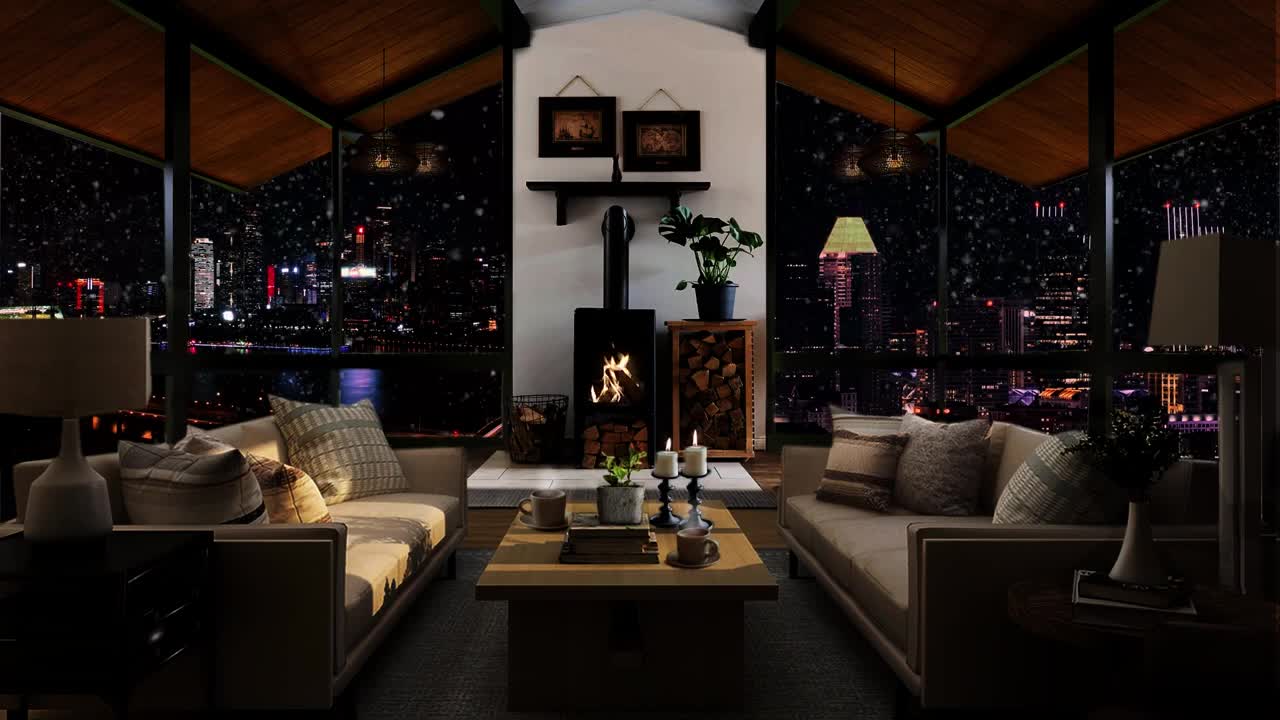 Snowy City Apartment with Crackling Fireplace and Jazz Music