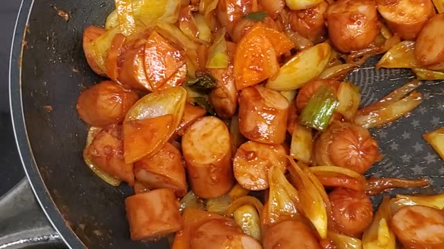 Stir-fried Vienna sausage with Korean gochujang