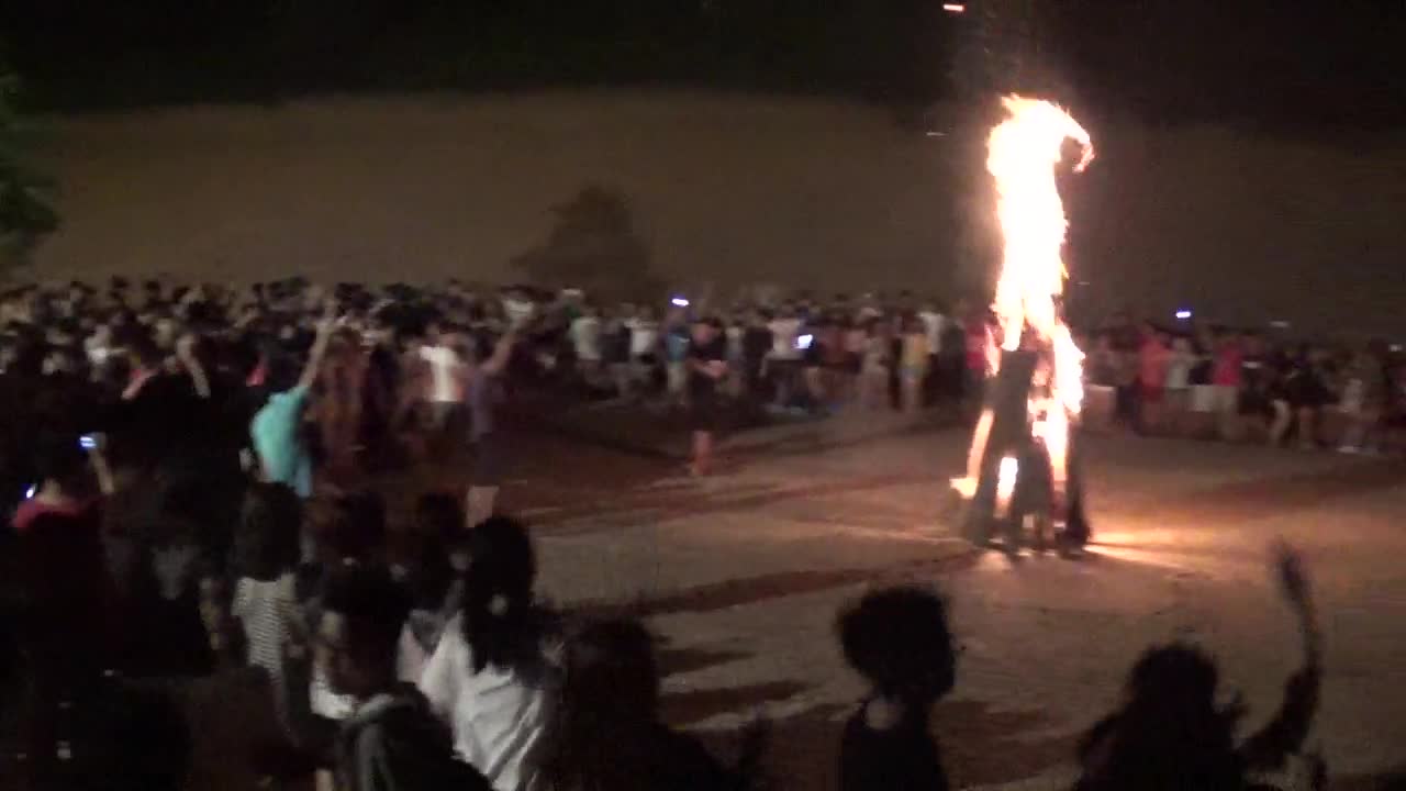 Big campfire with 1000 people in the forest of Vietnam