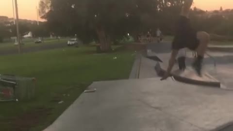 Skateboard flies into air guy fail