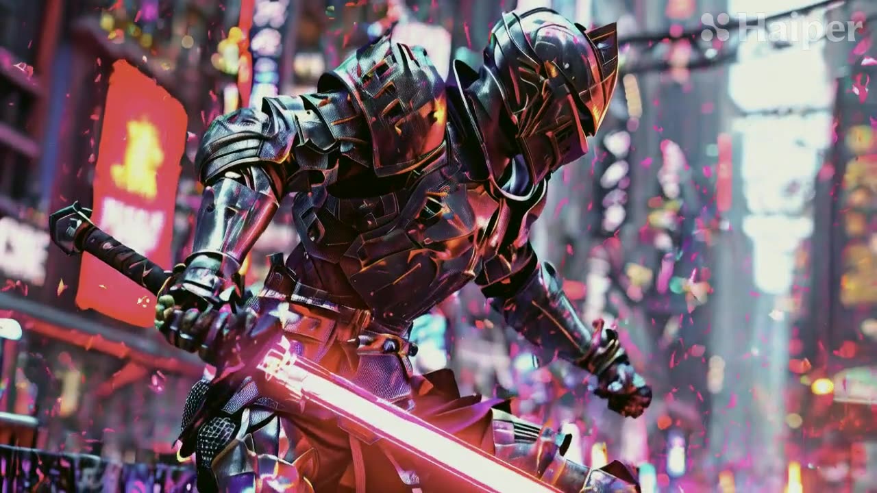 Knight fighting in Cyberpunk City