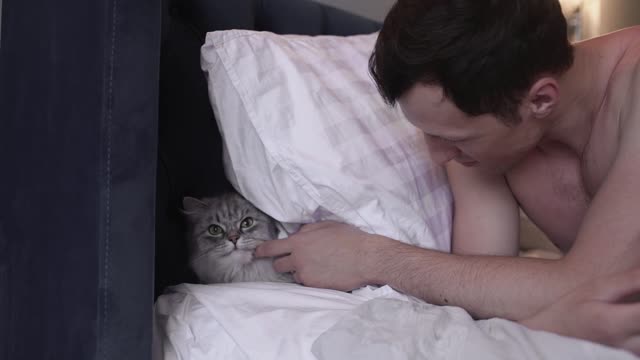 The kitten is playing on the instructions of its owner.