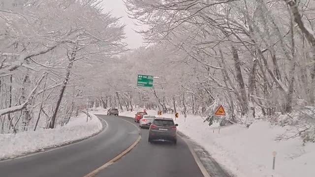 Drive at Hallasan in Jeju Island, Korea on a snowy day