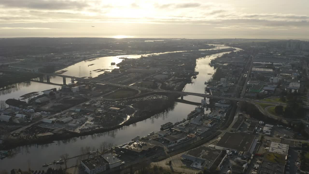 River crossing a city, shot from the air