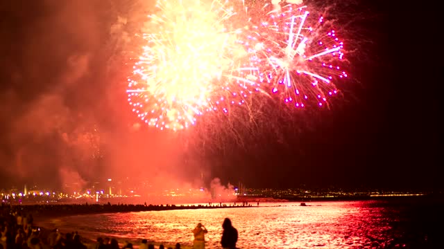 Fireworks illuminating the beach sky