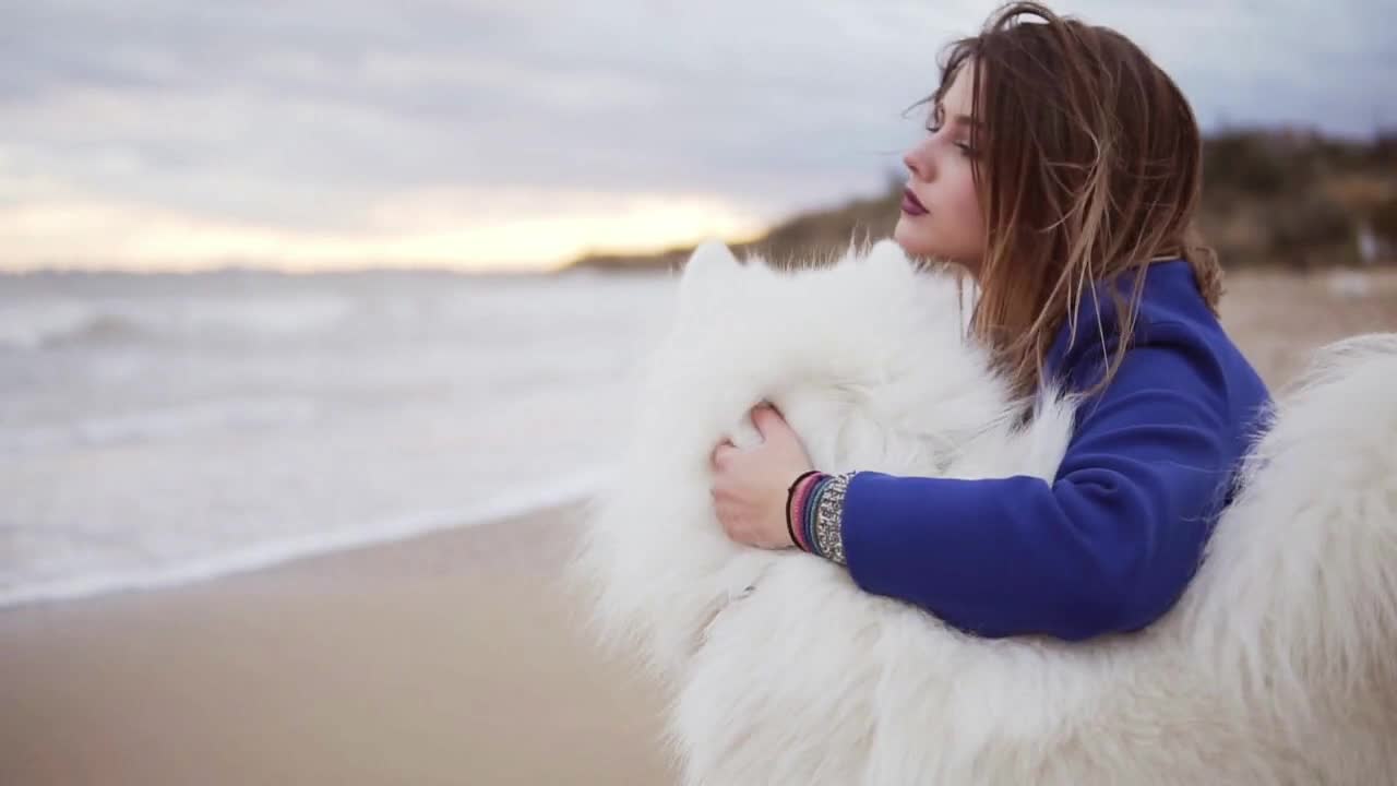 Side view of a young woman sitting on the sand and embracing her dog of the Samoyed breed by the sea