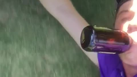 Man in purple dragged by golf cady