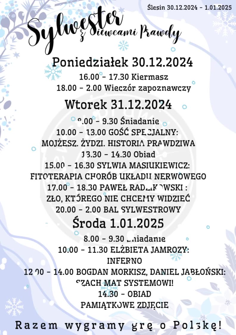 Program XI-go Sylwestrowego Zlotu Siewców Prawdy 30.12-01.01