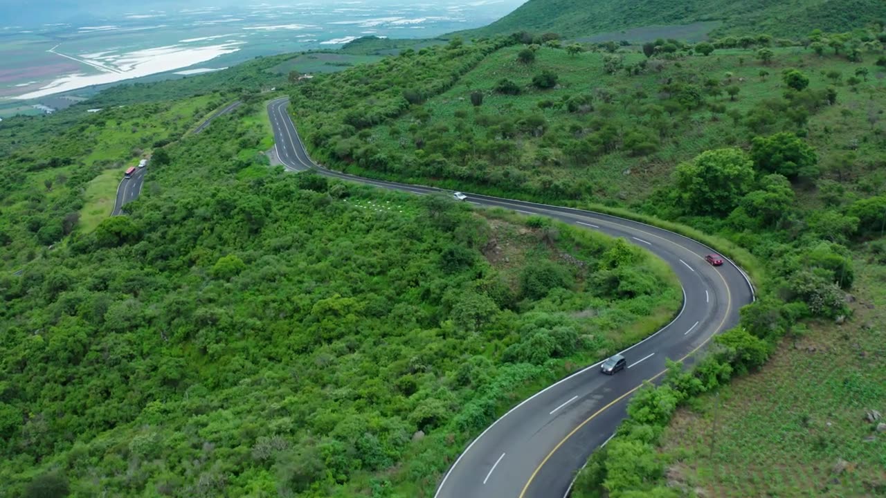 Curvy road on a tree covered hill