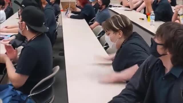 University of North Texas classroom in Denton erupted into chants of "f*ck these fascists" and slammed their fists on the desks as Jeff Younger tried to speak