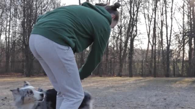 Girl and dog playing each other