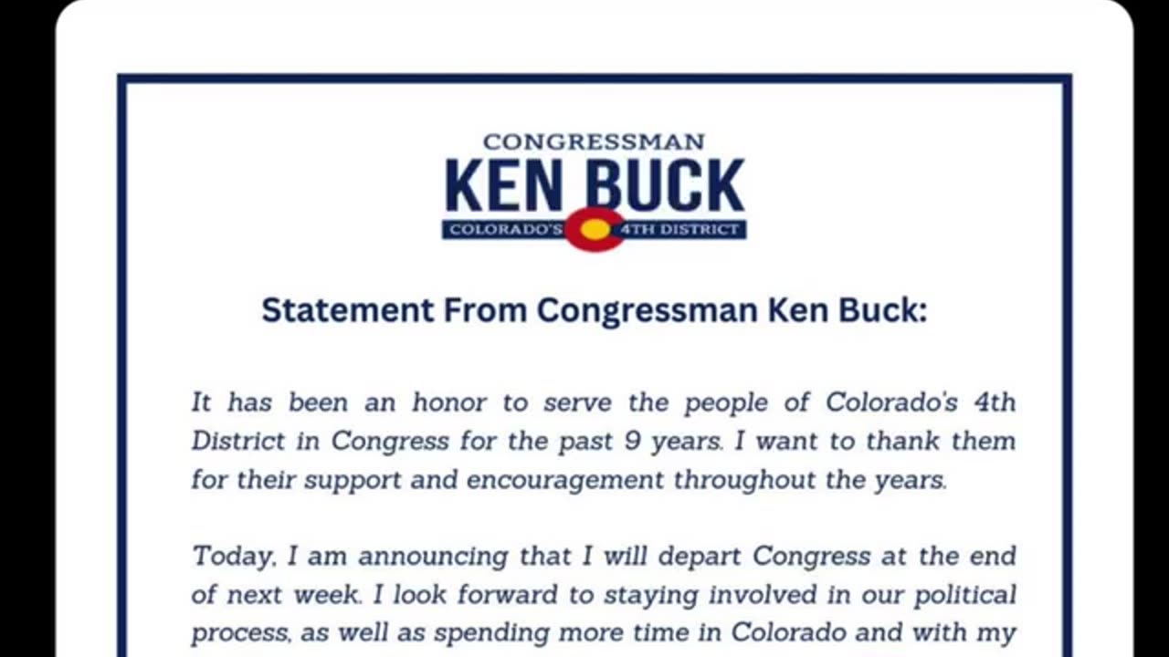 NEWS FLASH - CO (R) Ken Buck Announces Early Retirement