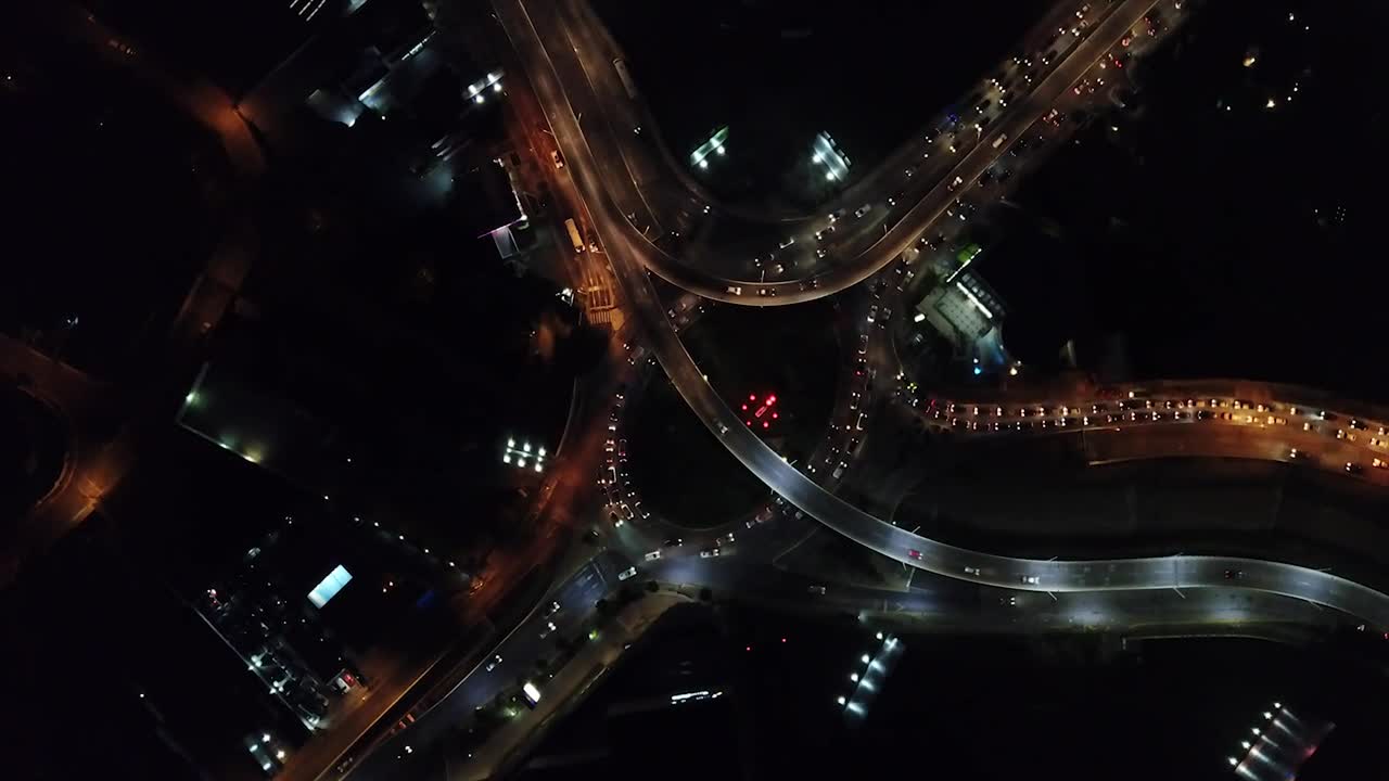 Aerial view of city traffic at night