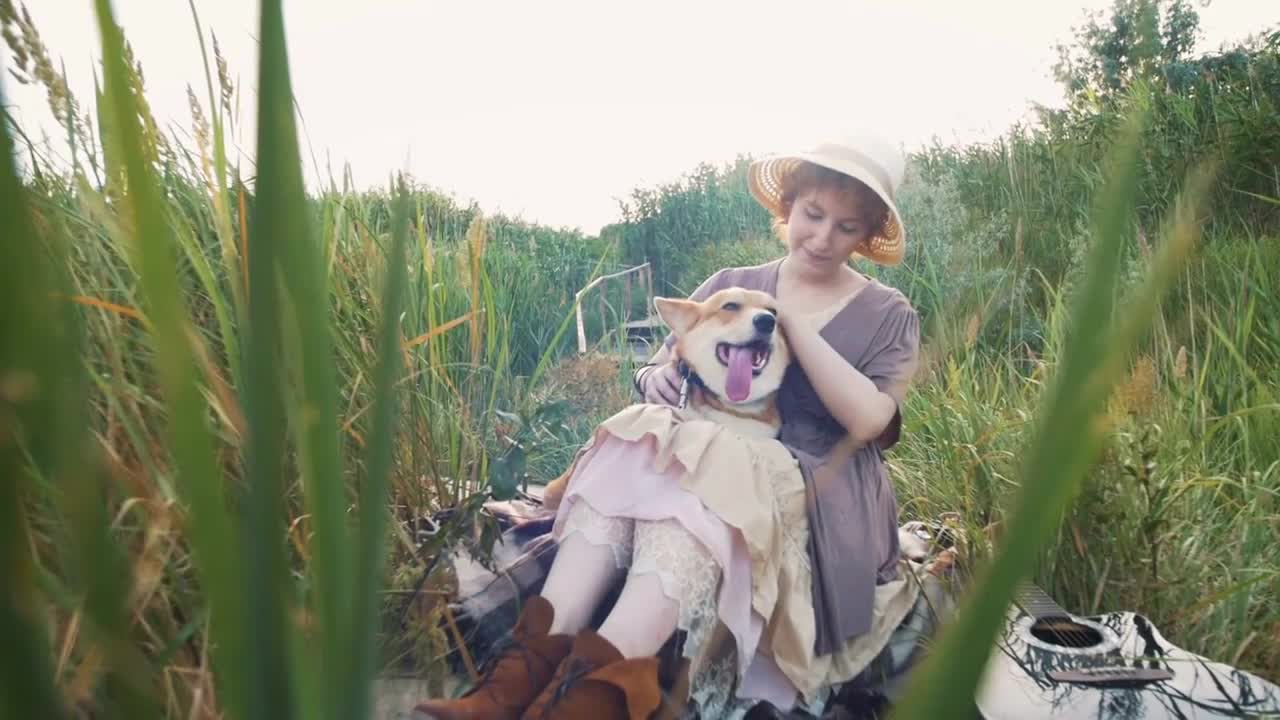 Happy corgi dog with the owner girl in the park near the reed