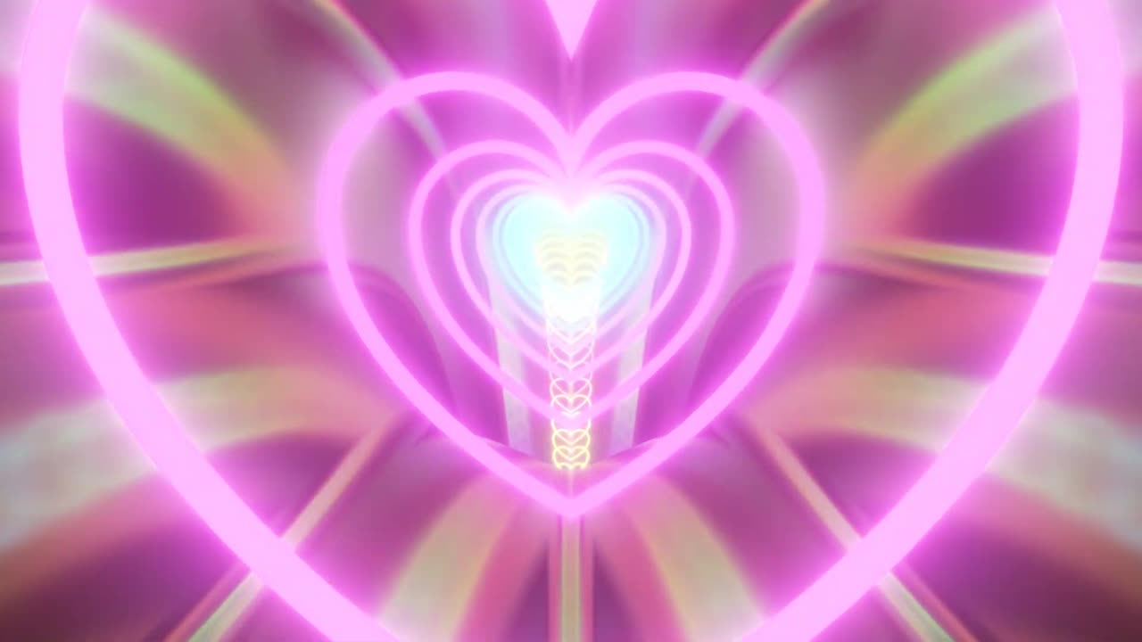 783. Flying Inside Reflective Mirror Rainbow Neon Glowing Heart 3D Tunnel 4K VJ