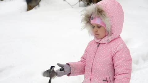 Girl feeding birds in the snow