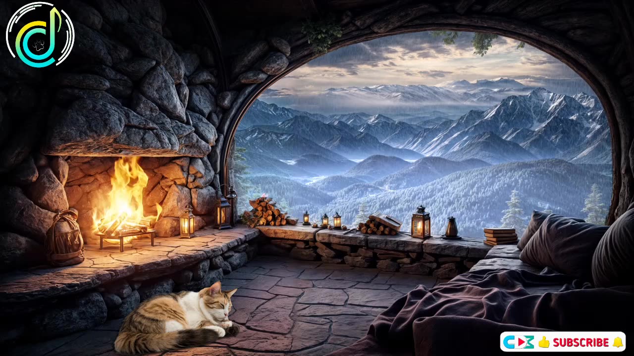 Thunderstorm, rain and crackling fireplace & sleeping cats in cozy place