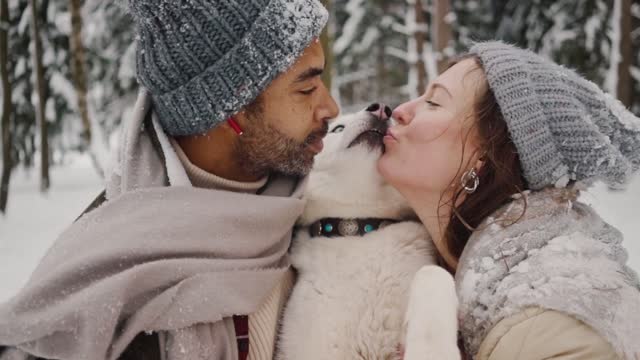 The couple's love for the dog, the exchange of feelings with the dog, a very beautiful situation