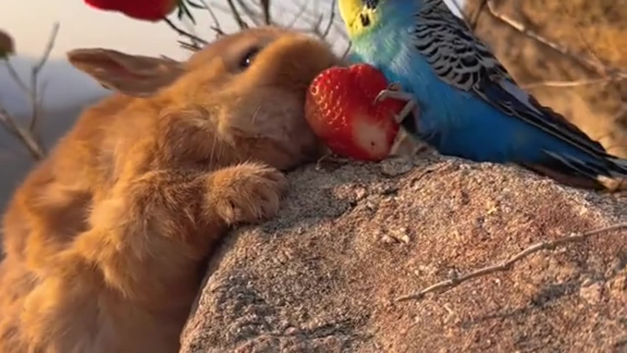 Parrot feed rabbit 🍓😋 #cute #rabbit #animals #funnyanimals