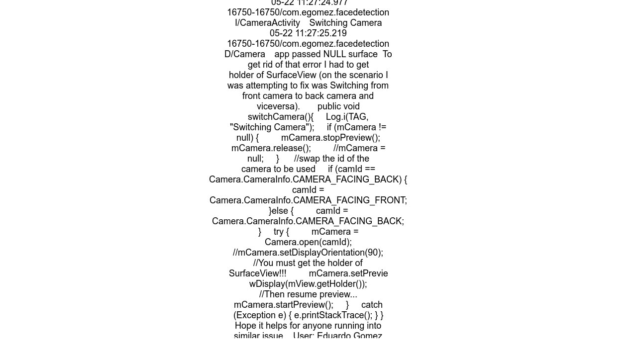 Android Camera app passed NULL surface