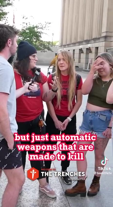 When he asks protesters about "Assault" weapons.