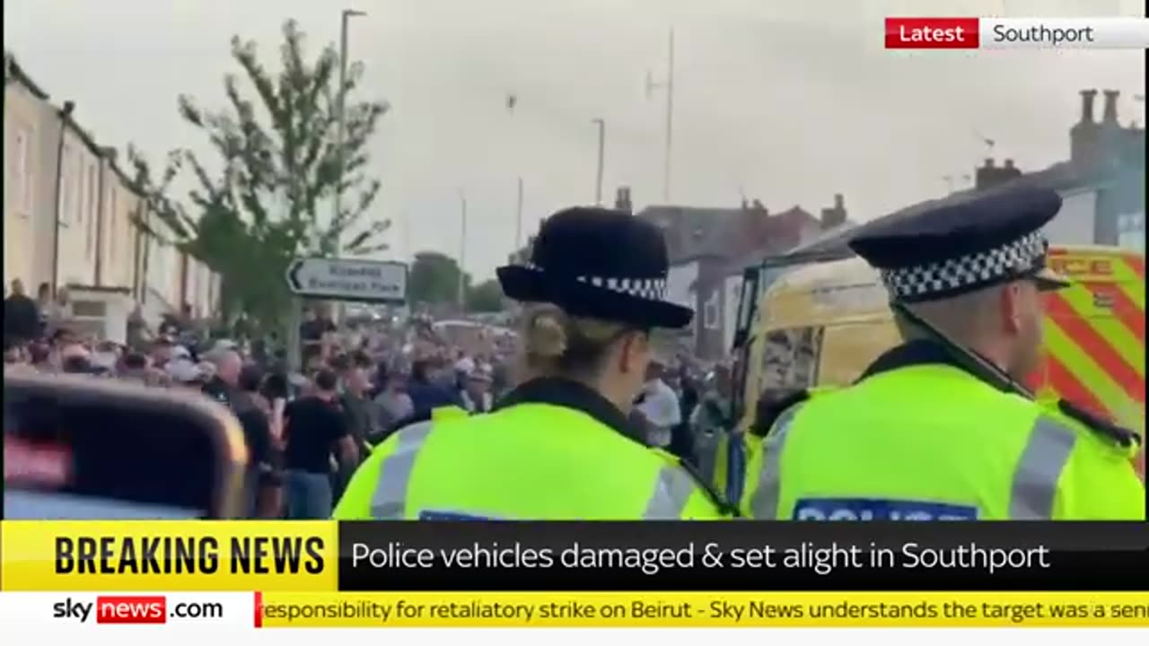 Southport stabbings- Police attacked as violence breaks out outside mosque Sky News