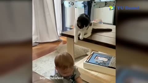 This is what happens when a kitten holding a young child is so adorable that it makes you smile.