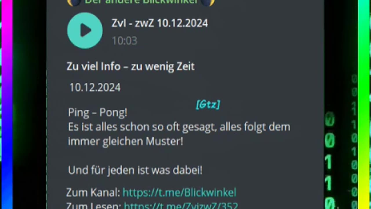 Zu viel Info – zu wenig Zeit 10.12.2024 Ping – Pong! Es ist alles schon so oft gesagt, ...