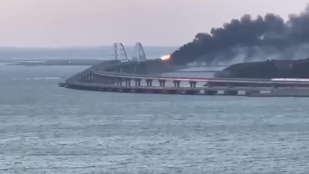 Fire engulfs Kerch bridge spanning from Crimea to Russia after explosion