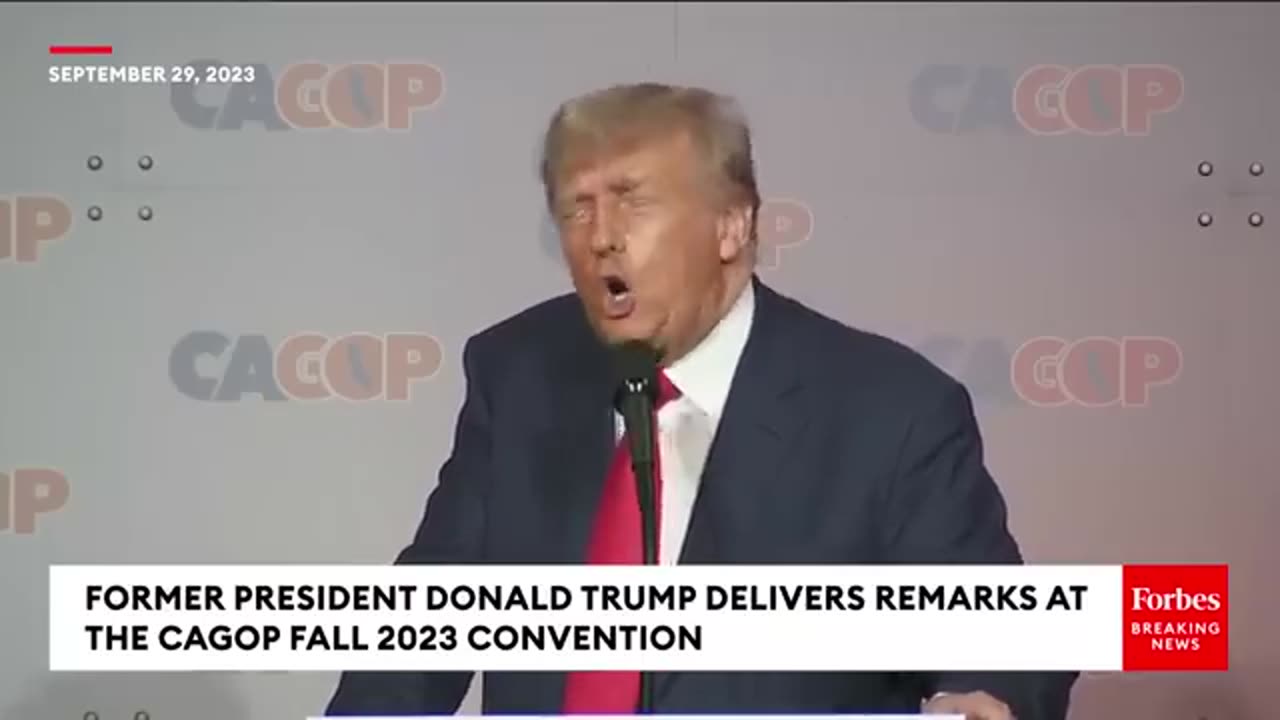 Trump does impression of Biden having trouble walking off stage during California speech.