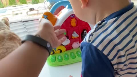 A cute baby playing with his toys and cat