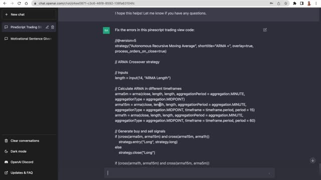 Asking ChatGBT to code me a more complex Trading View Pinscript Code Strategy using ARMA indicator