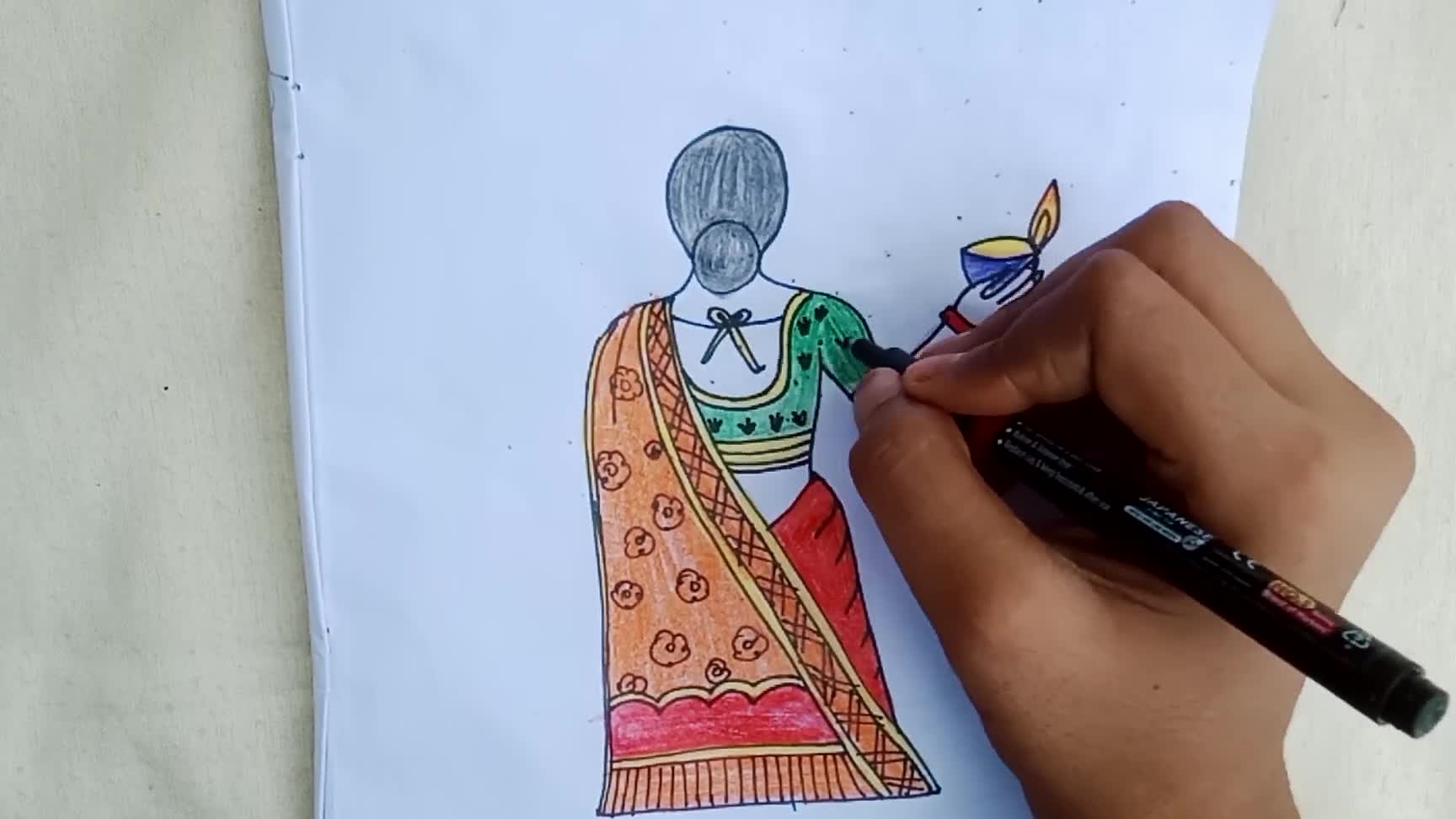 how to draw girl in traditional dress 🥻 with diya diwali drawing for girls