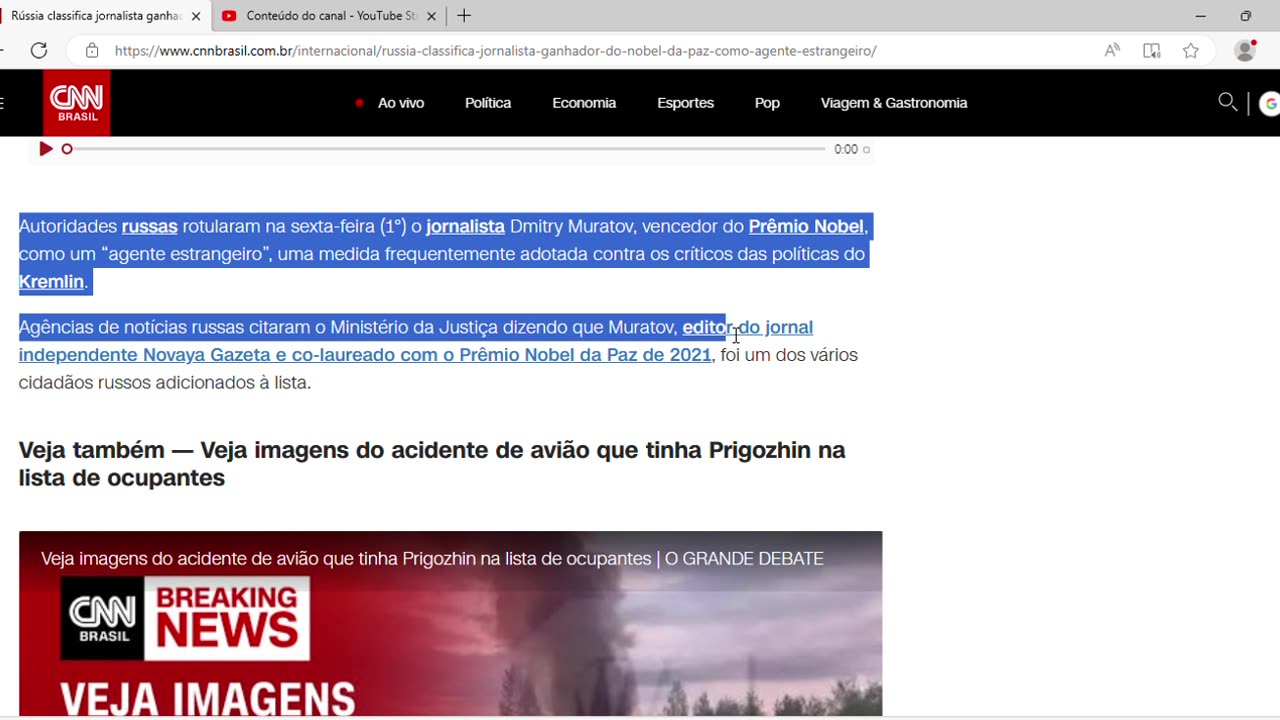 Rússia classifica jornalista ganhador do Nobel da Paz como “agente estrangeiro”
