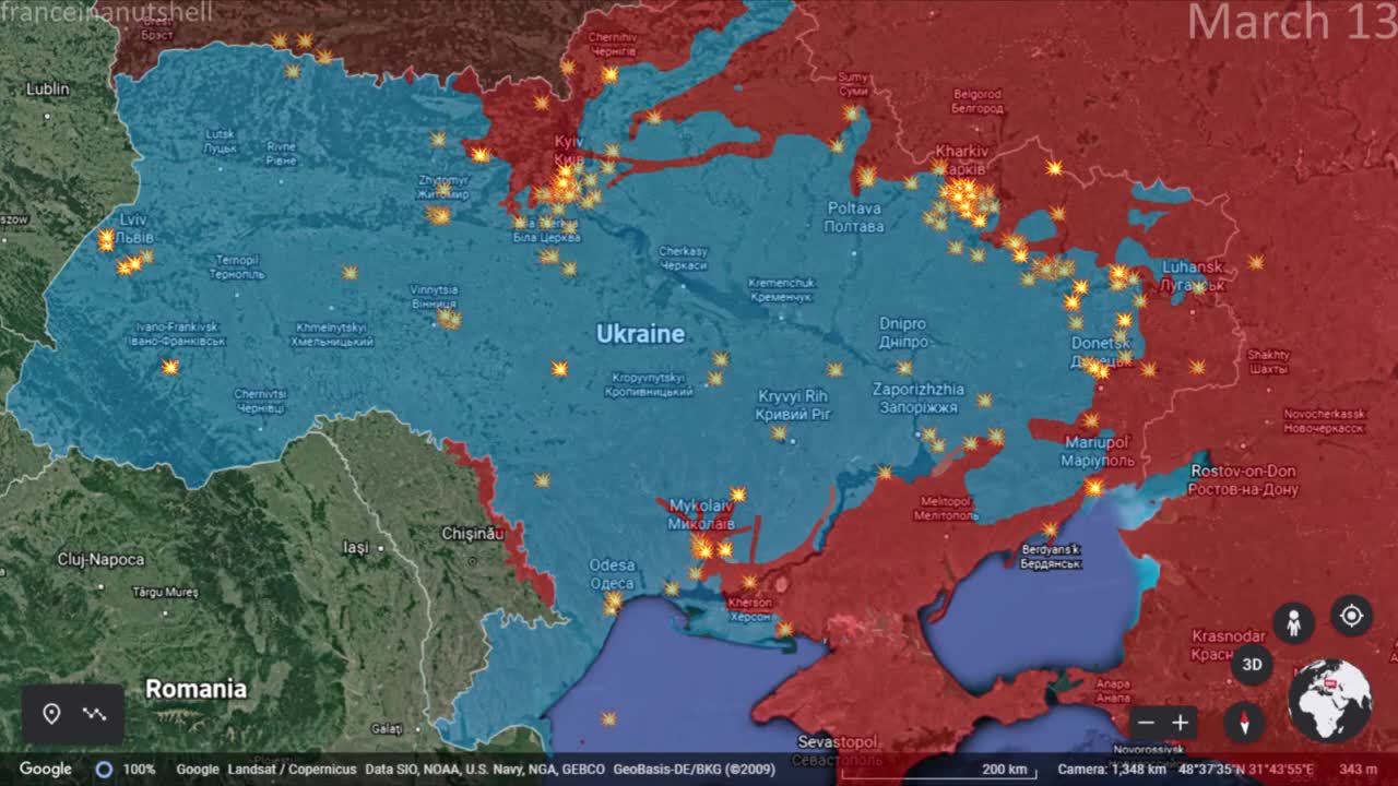 Russo-Ukrainian War 13th of March Mapped using Google Earth