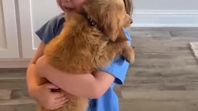 Little girl sobs as she holds her new puppy