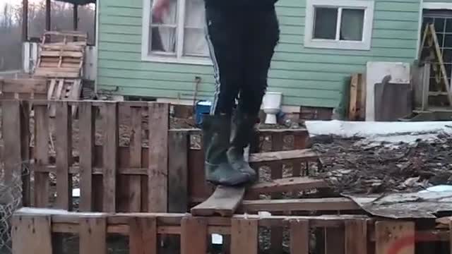 Flimsy Wooden Remains of Goat Penn Break as Guy Attempts to Jump Off Them